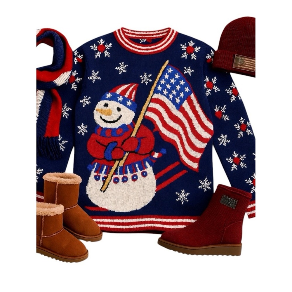 Ugly Christmas Sweater Snowman USA Flag Knit Pullover Medium Holiday Winter Top